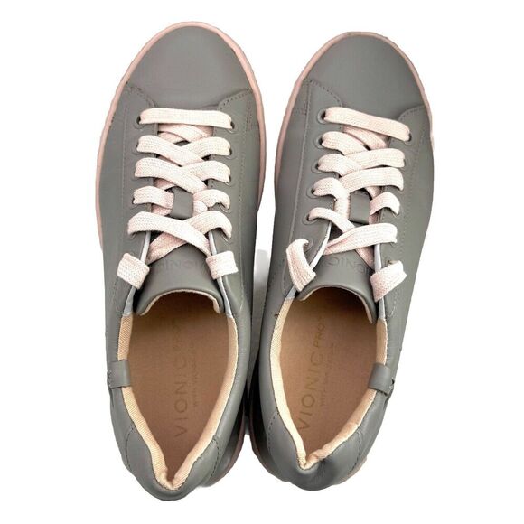 Vionic Sneakers Womens Sz 7 Gray Pink Mable Pro Leather Lace-up Slip Resistant - Picture 6 of 12